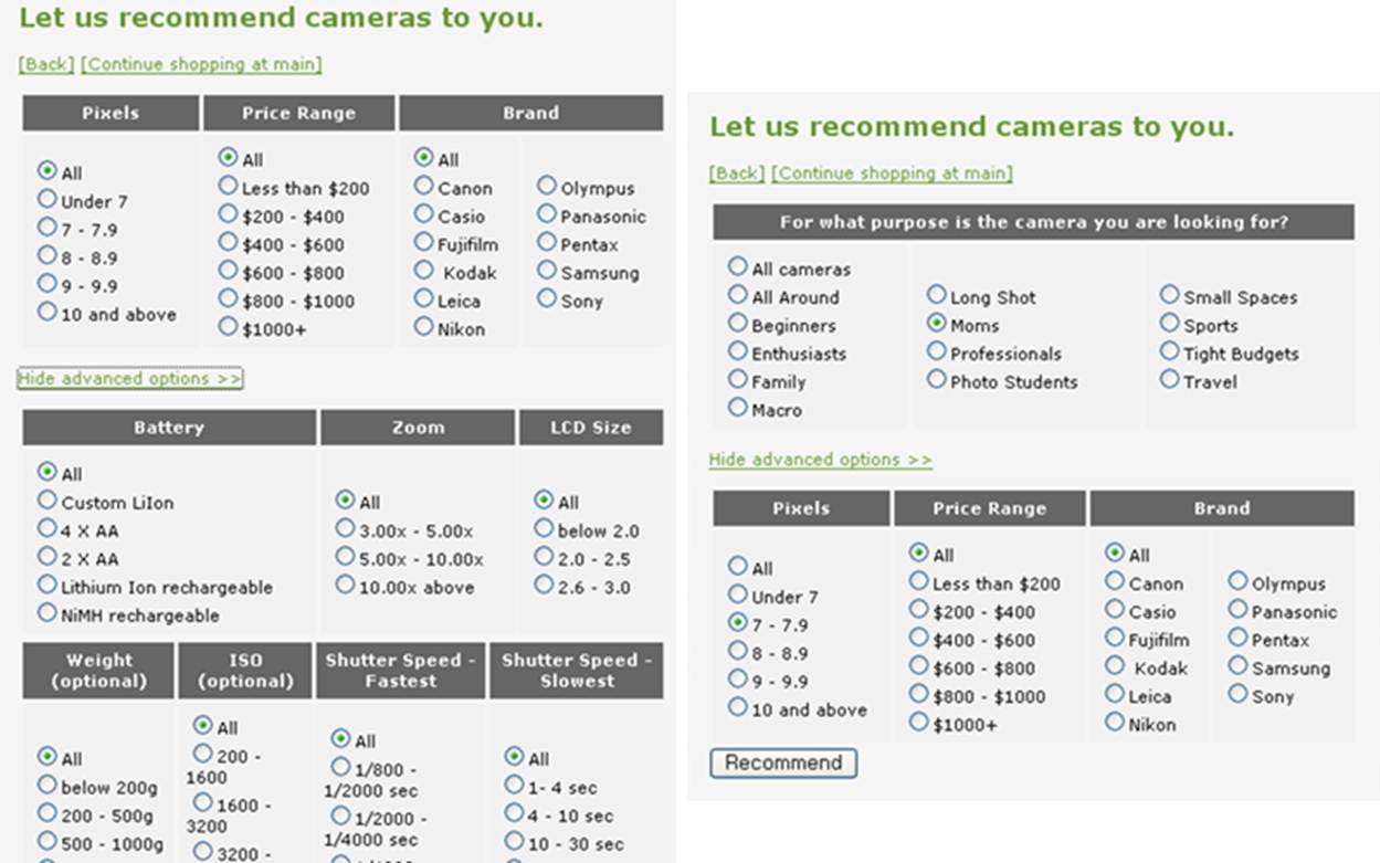 Feature-based (left) versus needs-based (right) agents