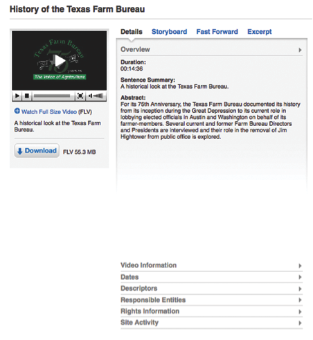 Figure 2: A sample video catalogue record from the original Texas collection