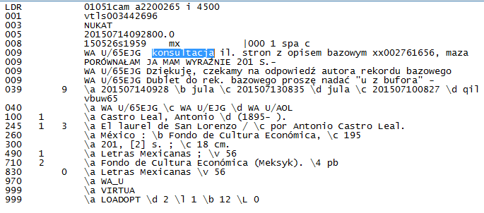 Figure 7: Consultation genre text (009 field) in Polish national union catalogue record.