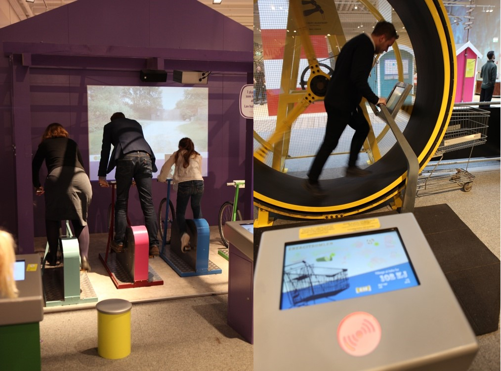 The Biking Shed exhibit to the left and the Energy Roller exhibit to the right